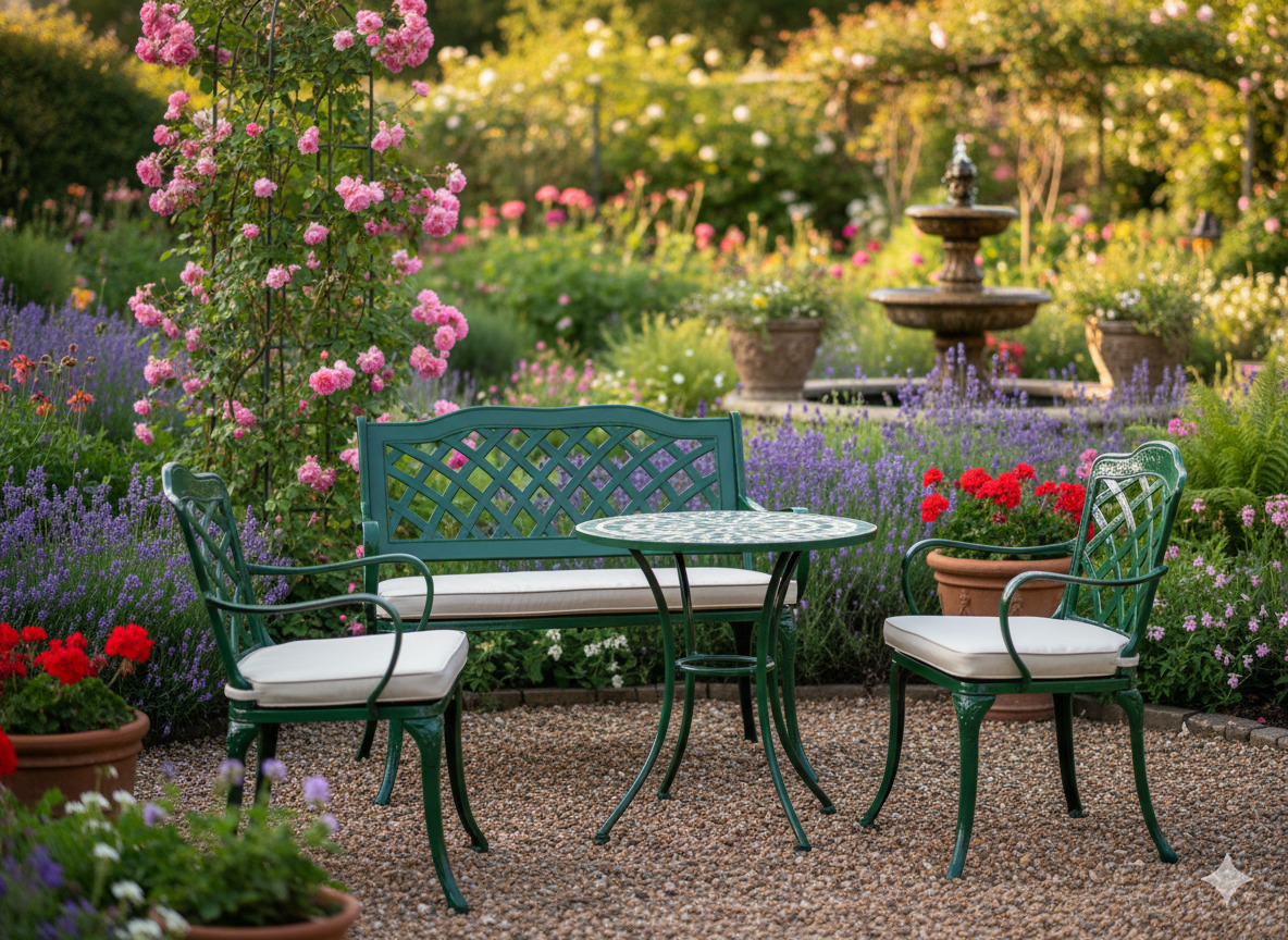 Restored outdoor furniture in garden setting